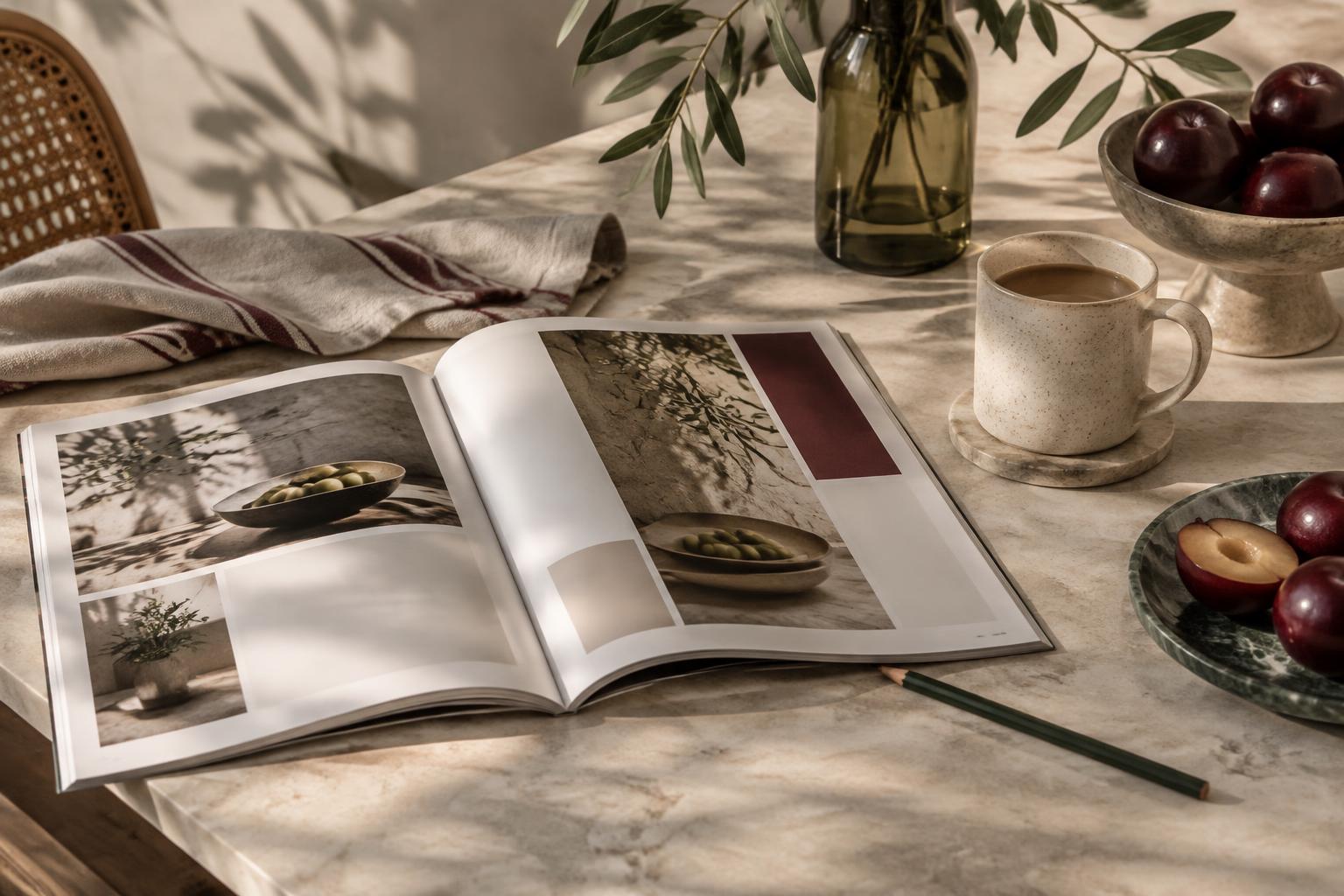 Revista aberta, frutas e café em uma mesa iluminada