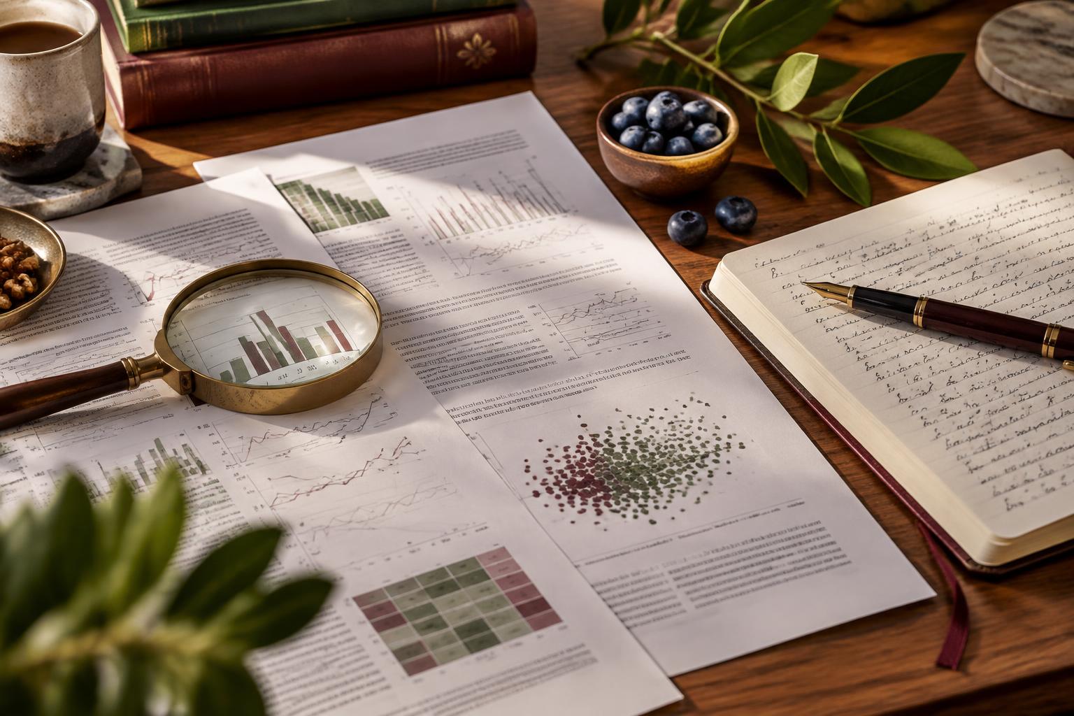 Artigos científicos, gráficos, caderno e lupa sobre uma mesa
