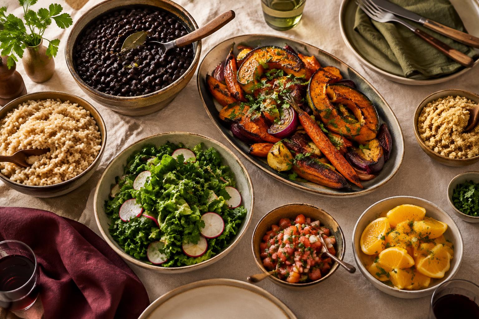 Mesa com feijão, arroz, legumes assados e salada
